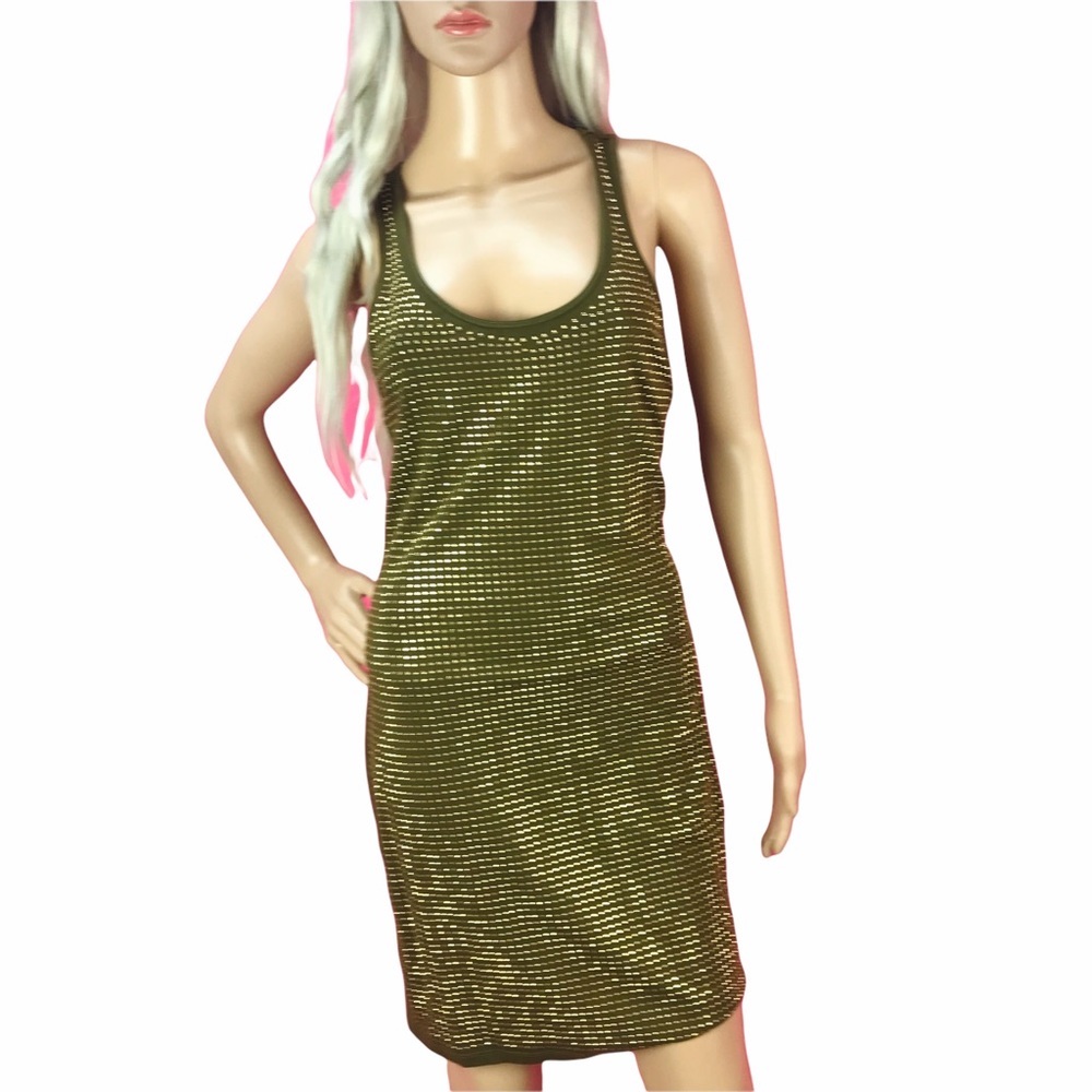 Jennifer Lopez Army green Gold Crystal Stud Embellished Mini Dress Small